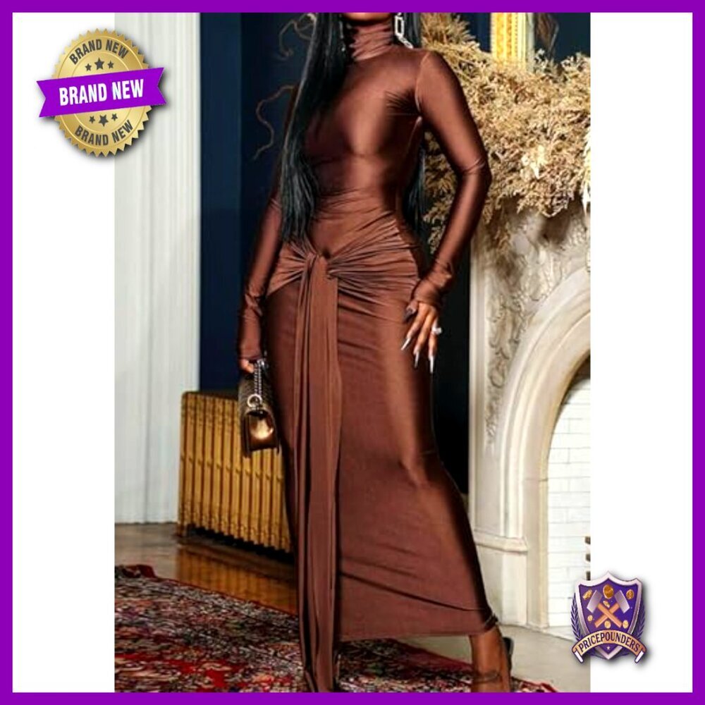 Long Sleeve Formal Maxi Dress Bodycon Ruched Tie Front Wedding Guest - Picture 3 of 7